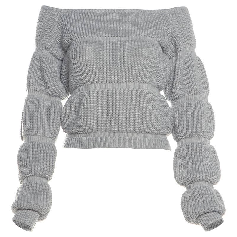 DESIGN SENSE LANTERN SLEEVE SHORT CROP SWEATER