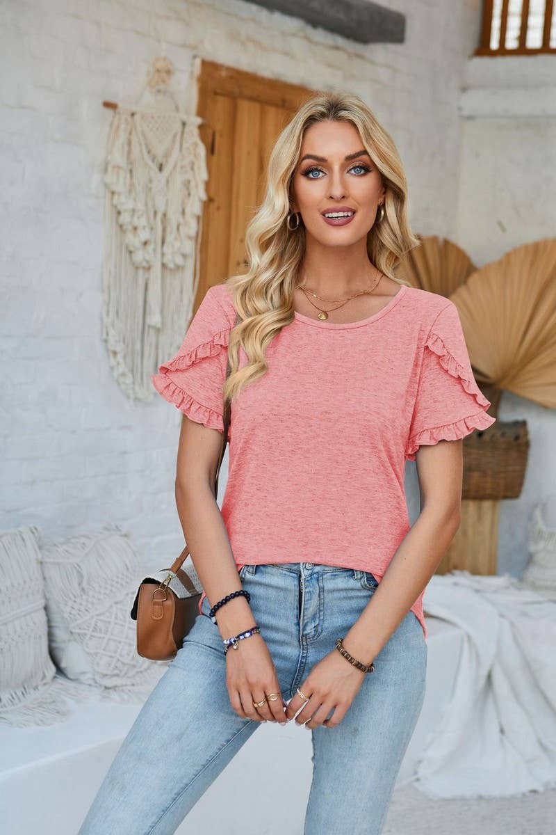 CWTBLS1105_FUNGUS LACE ROUND NECK SOLID COLOR TOP