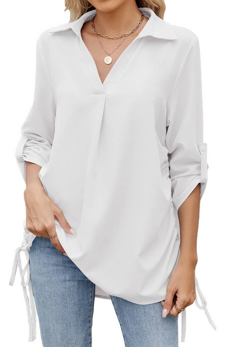 CWTBLS1796_SPRING AND SUMMER SOLID COLOR LAPEL LOOSE SHIRT