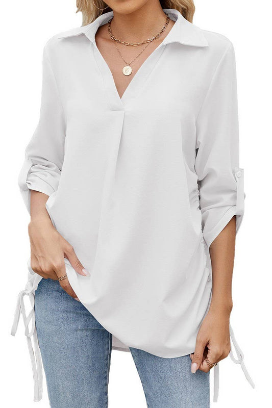 CWTBLS1796_SPRING AND SUMMER SOLID COLOR LAPEL LOOSE SHIRT