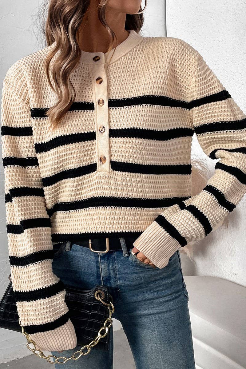 CWOSWL6835_AUTUMN BUTTON-DOWN STRIPED LOOSE SWEATER