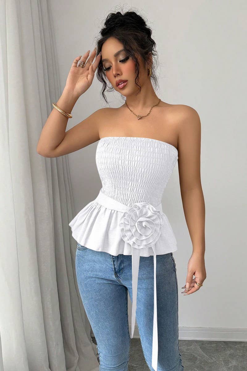 CWTTT0076_SOLID COLOR STRAPLESS 3D FLORAL CROP TOP
