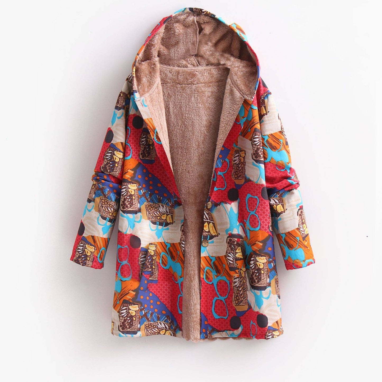Cotton linen printed hooded warm fleece jacket