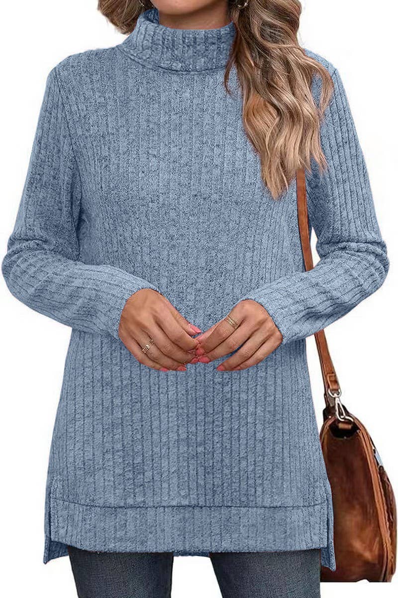 CWTBLL3684_AUTUMN AND WINTER SOLID COLOR HIGH COLLAR LOOSE T