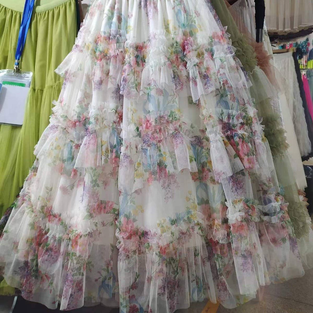 COLORFUL FLORAL MESH PRINT PLEATED TULLE SKIRT