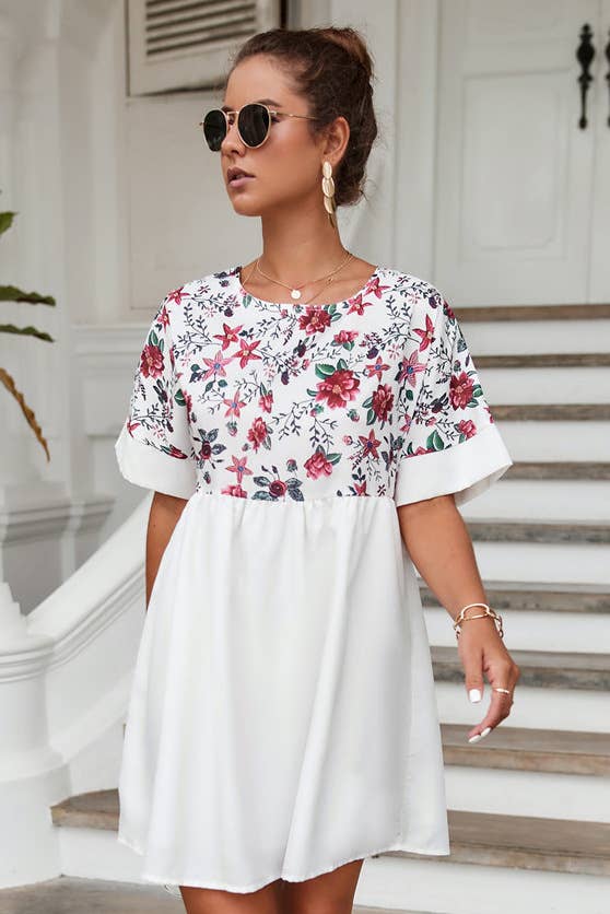 CREW NECK PRINT PATCHWORK LOOSE SHORT DRESS