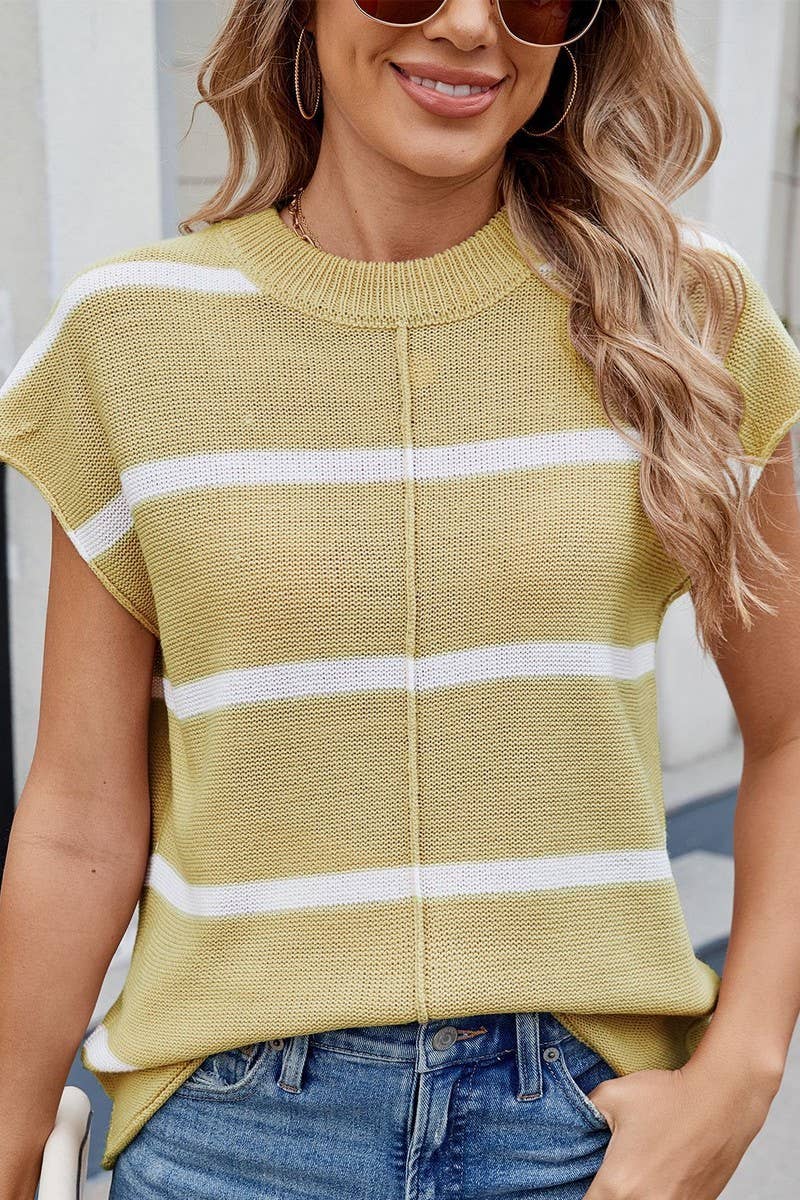 CWTBLS02499_STRIPED CREW NECK SLEEVELESS KNIT TANK