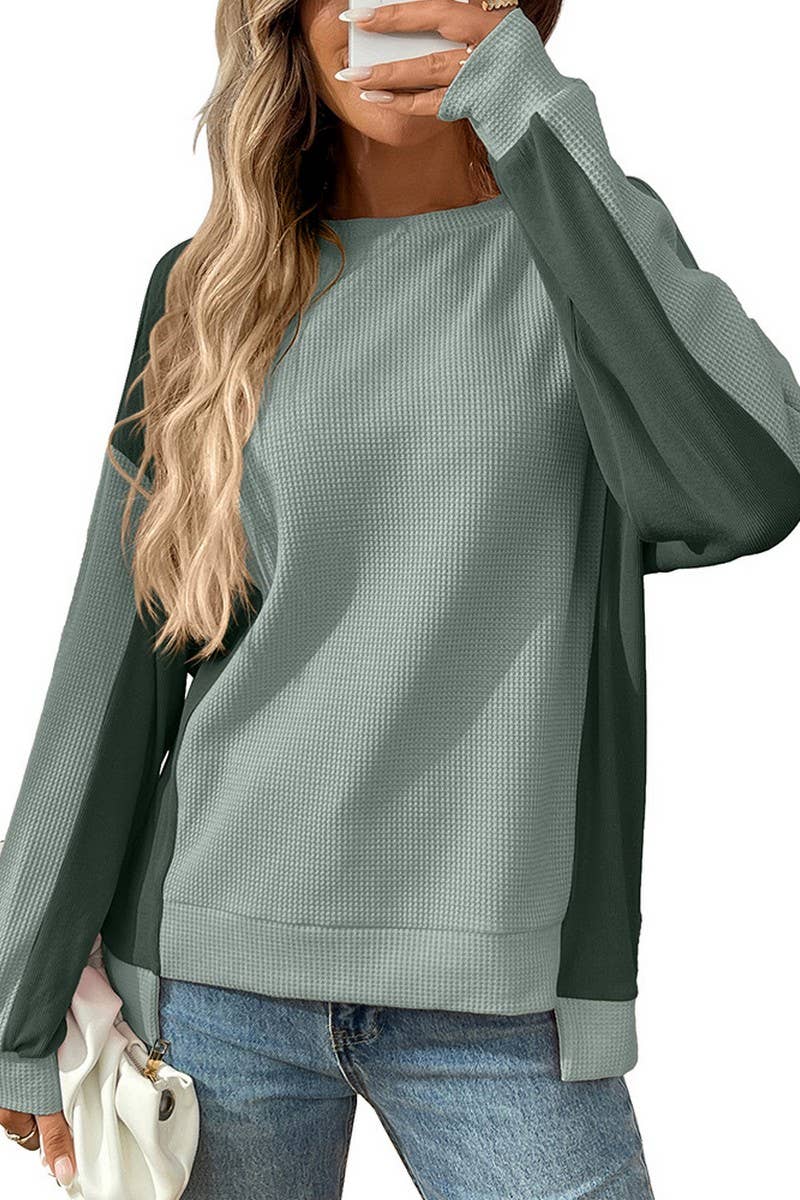 CWTBLL00833_COLORBLOCK CREWNECK WAFFLE KNIT LOOSE TOP
