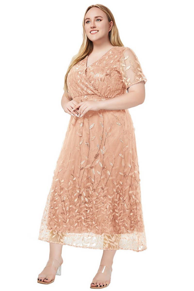 CWDMD3229_PLUS SIZE V-NECK SEQUINED BRIDESMAID DRESS