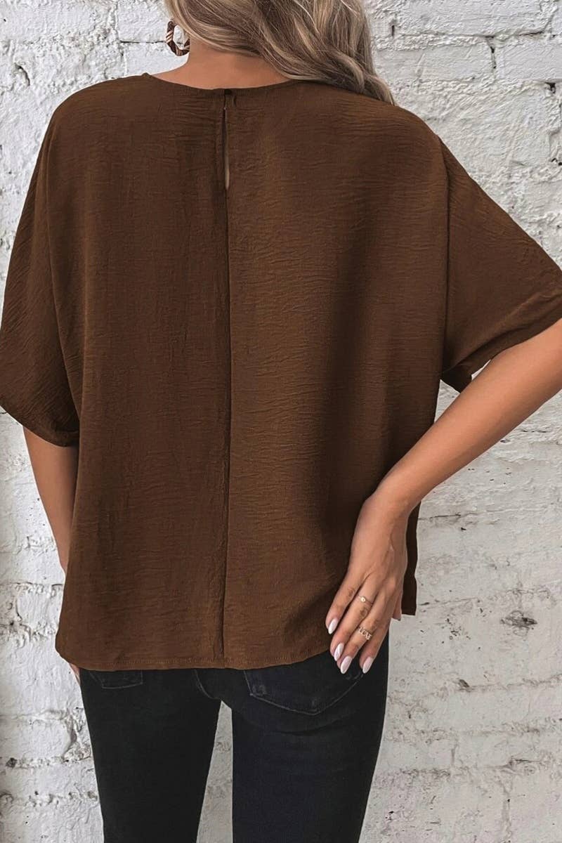 CWTBLS1135_SOLID SUMMER KNOTTED BAT SLEEVE TOP