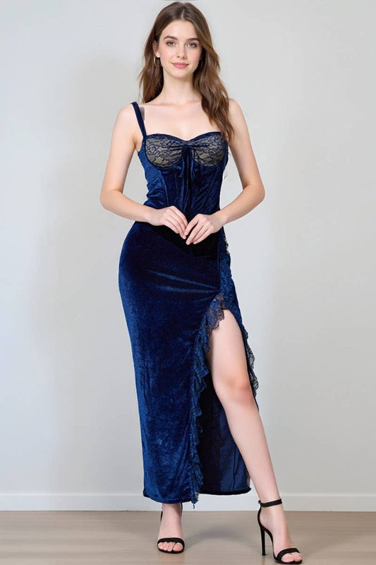 CWDMD01076_VELVET LACE SPAGHETTI STRAP SLIT MAXI DRESS