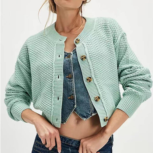 CREW NECK STREET SOLID COLOR CARDIGAN SWEATER