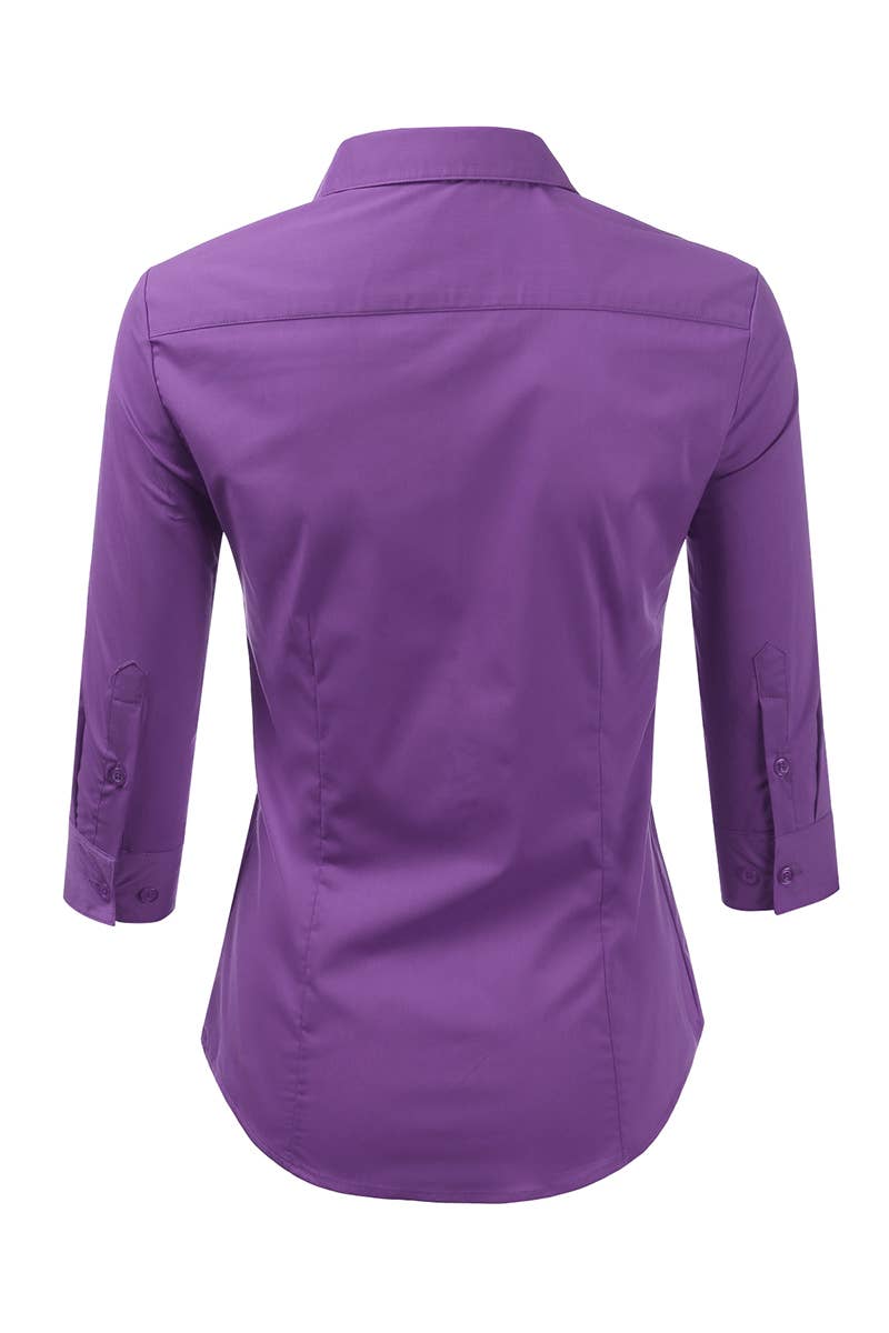 CWTSTL709_3/4 Sleeve Button Down Collar Shirt Blouse