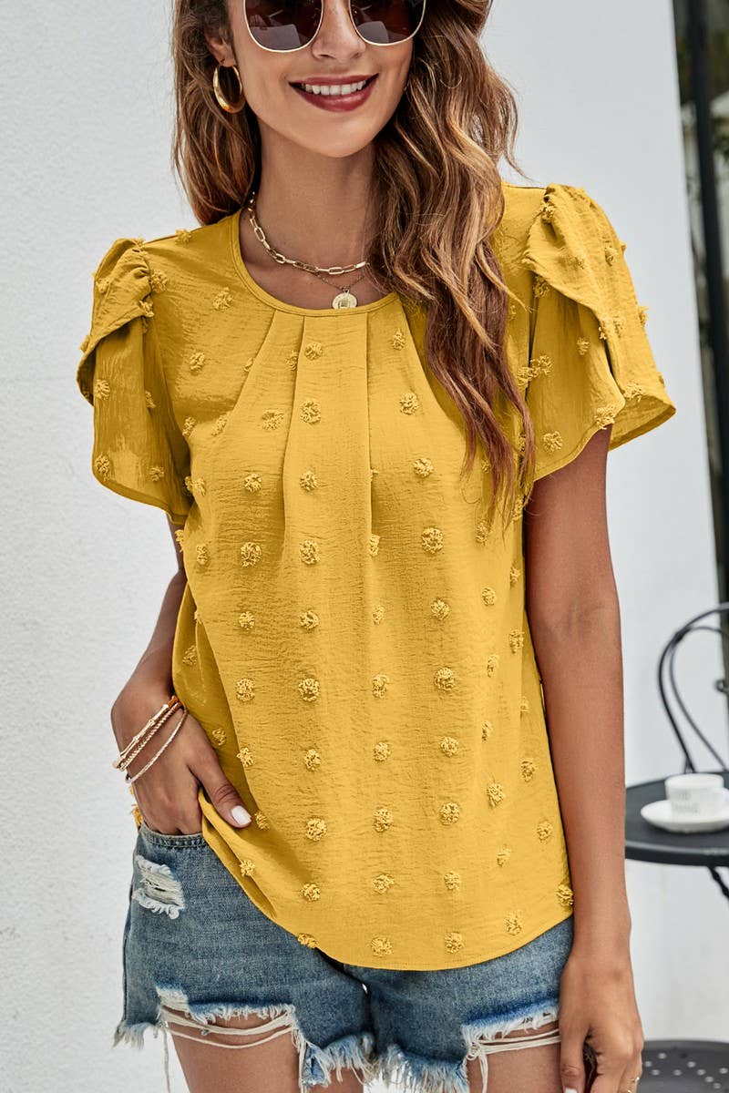 CWTBLS0342_Round neck Short Puff Sleeve Blouse