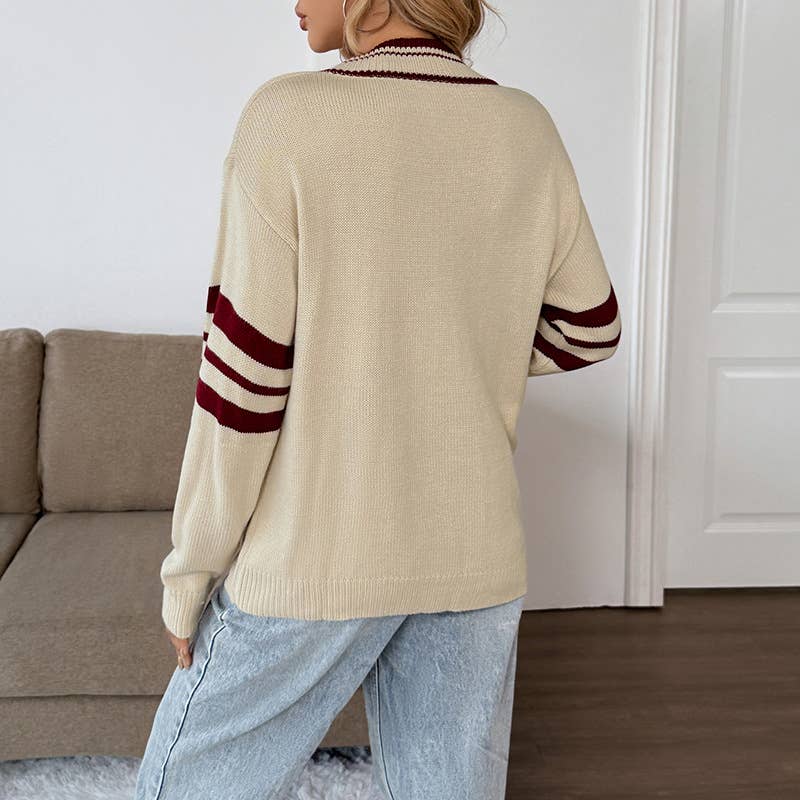 College wind long-sleeved striped v-neck sweater