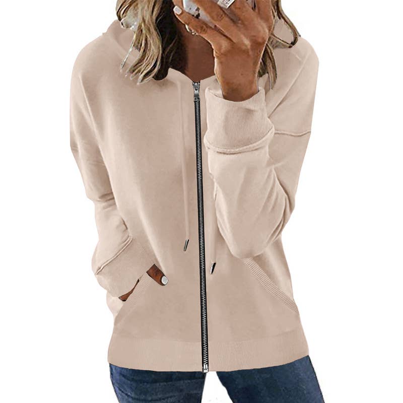 CASUAL SOLID COLOR HOODED ZIP-UP CARDIGAN