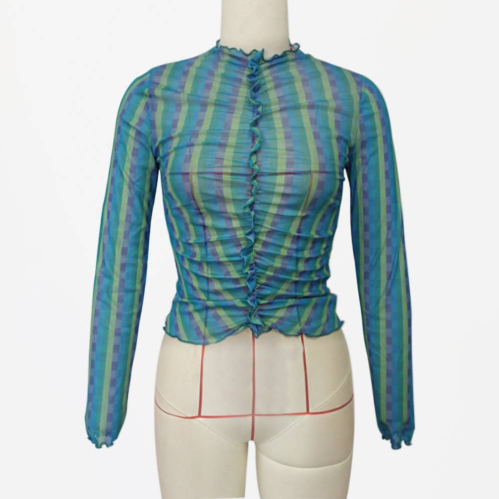 CREW-NECK RAINBOW PLAID PRINT SLIM-FIT PLEAT TOP