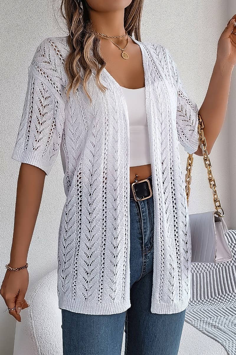 CWTBLS1057_SUMMER SHORT-SLEEVED HOLLOW-KNIT SUNSCREEN SHIRT