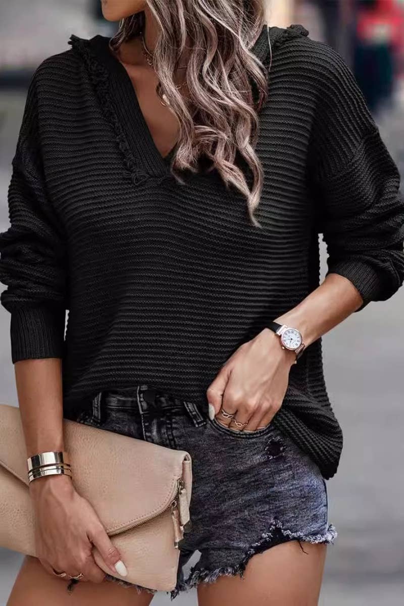 CWOHOL1038_V-NECK HOODED LONG-SLEEVED FUR-TRIMMED HOODIE