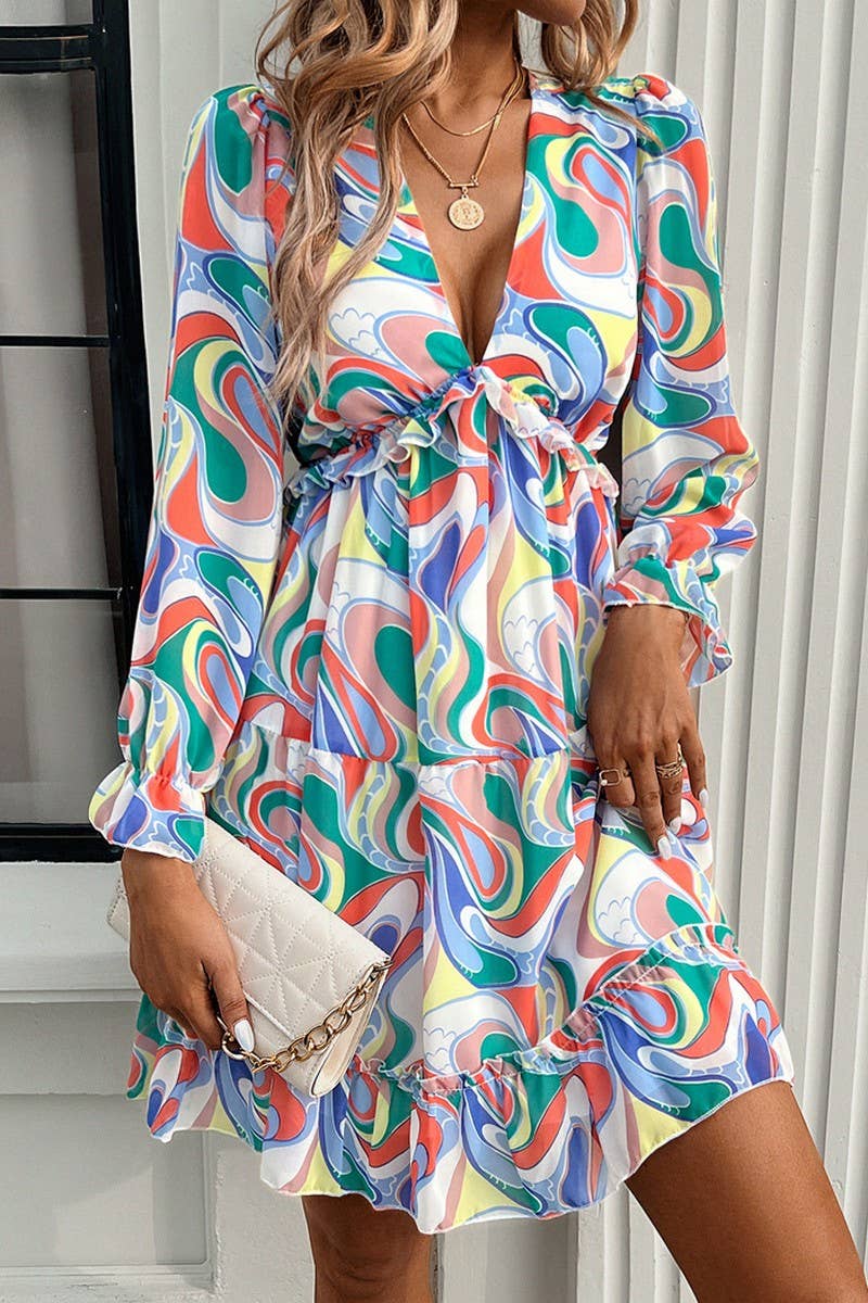 CWDSD7137_ELEGANT PRINTED V NECK LONG SLEEVE DRESS