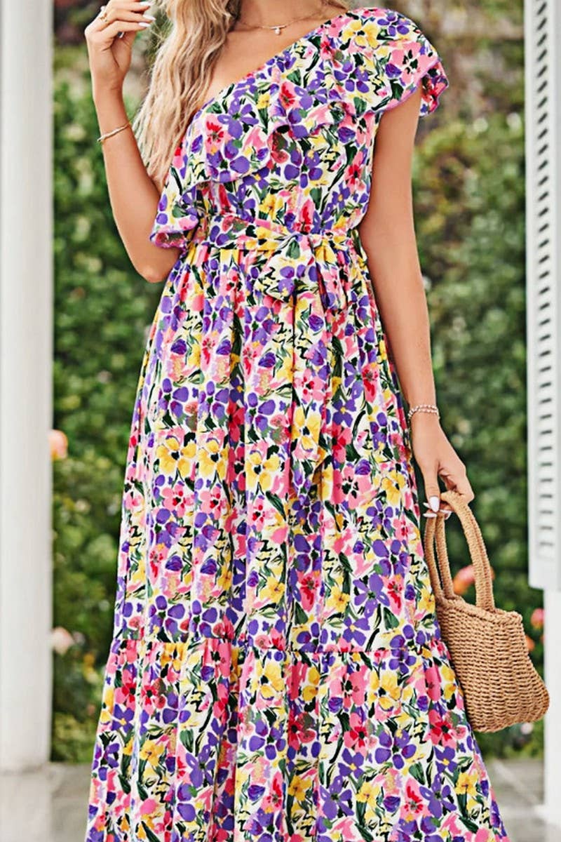 CWDMD4123_ONE-SHOULDER PRINTED TIE-NECK RUFFLE DRESS