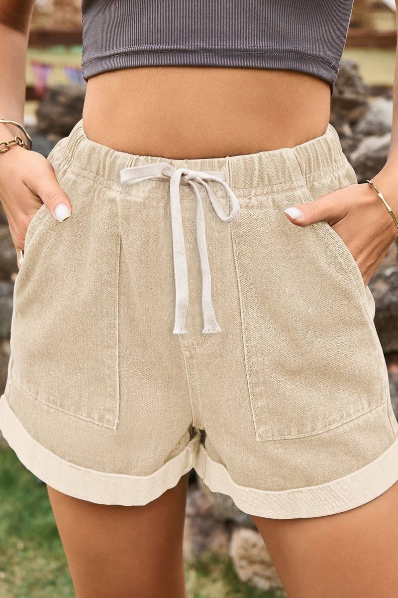 CWJS00039_ELASTIC WAIST CASUAL ROLLED-UP DENIM SHORTS