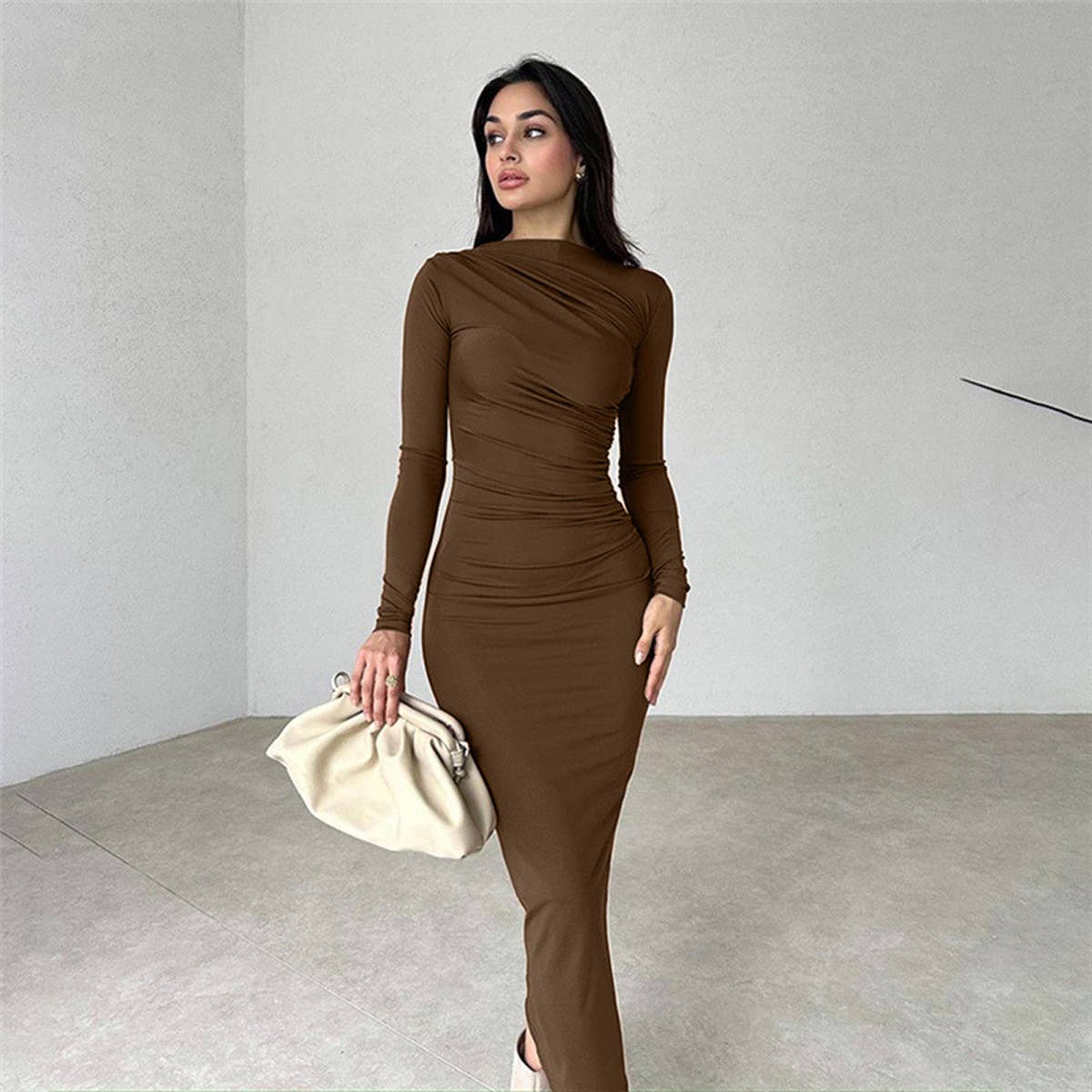 Form-fitting solid color body-hugging dress