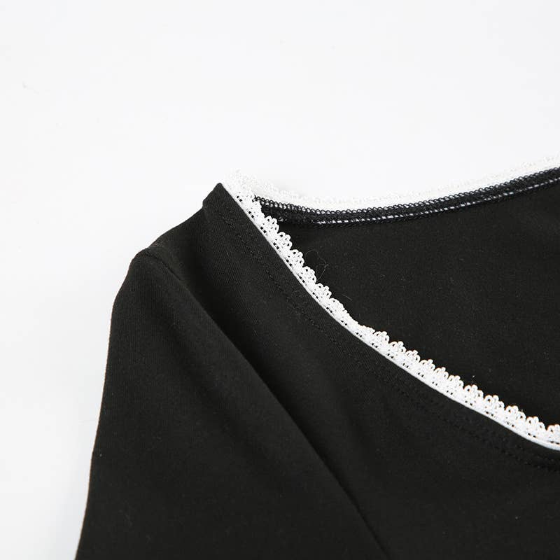 Crew-neck lace patchwork long-sleeved T-shirt