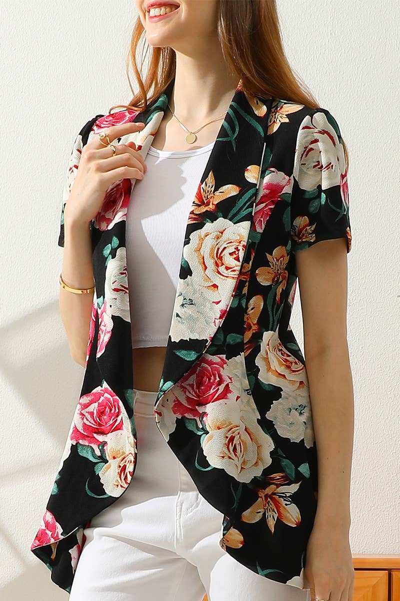 CWOBL095-P_Short Sleeve Open Front Draped Ruffles Blouses