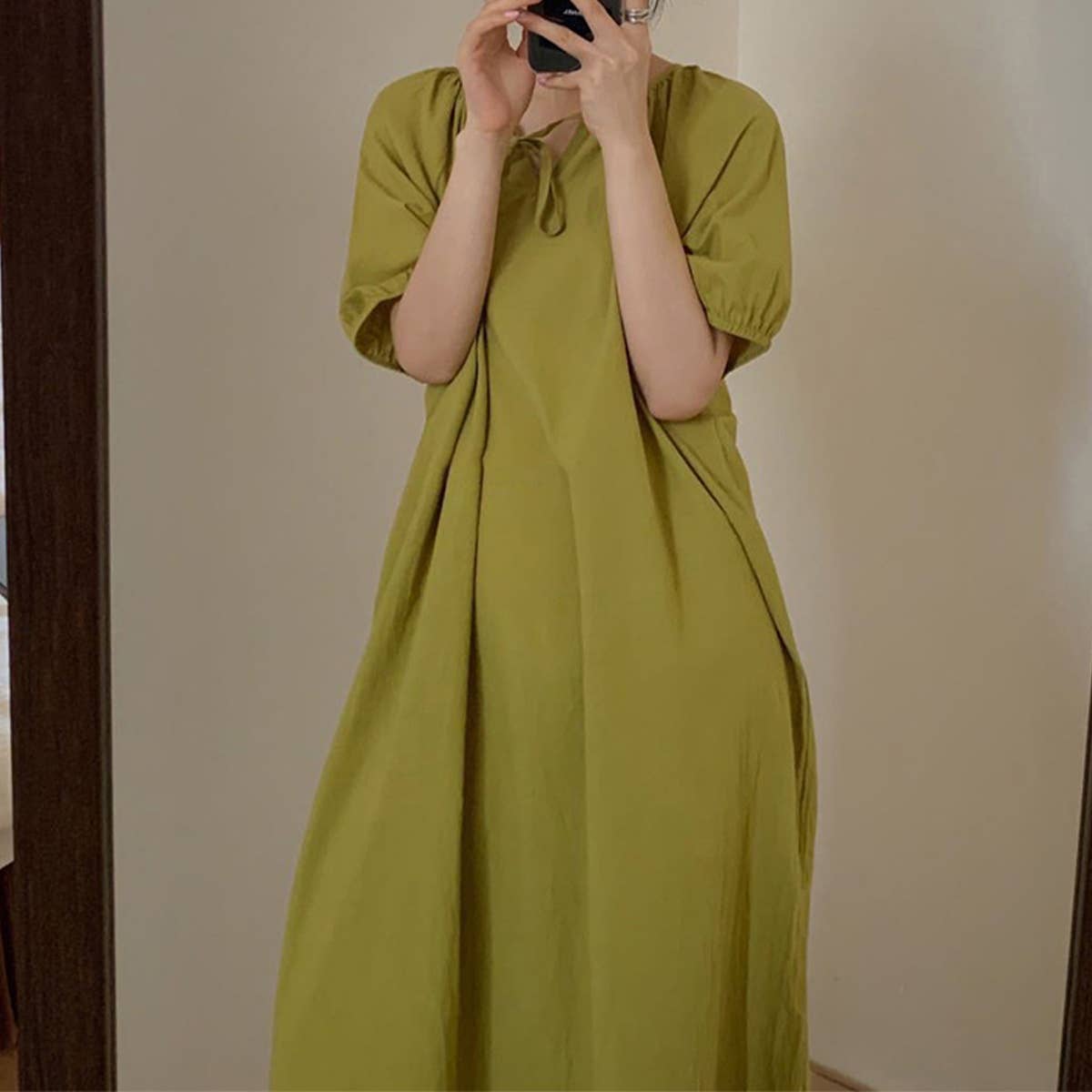 COTTON LACE DESIGN PUFFY SLEEVE DRESS