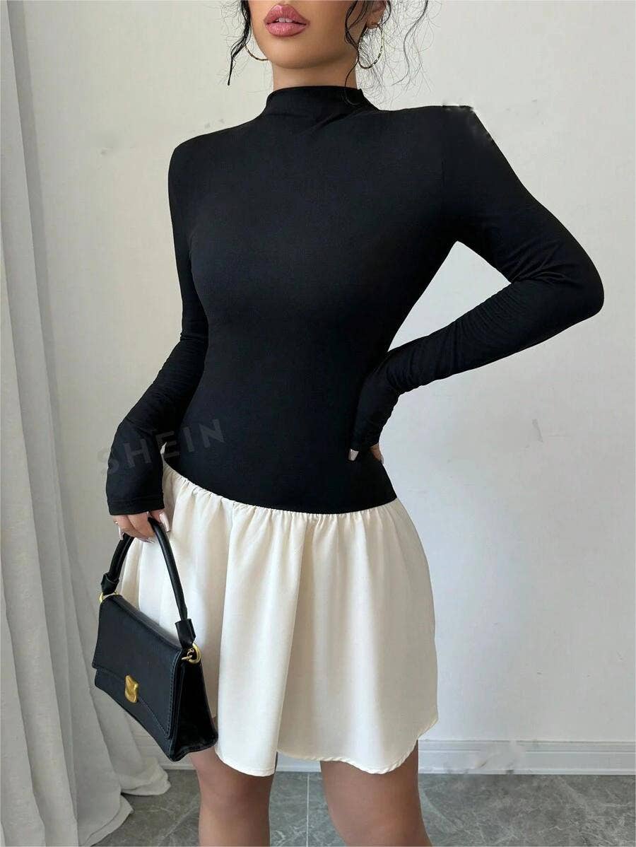 COLOR MATCHING RUFFLED HEM STANDING COLLAR SKIRT