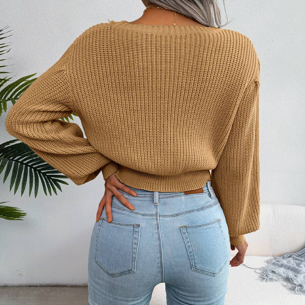 CASUAL TWIST LANTERN SLEEVE WAIST KNIT SWEATER