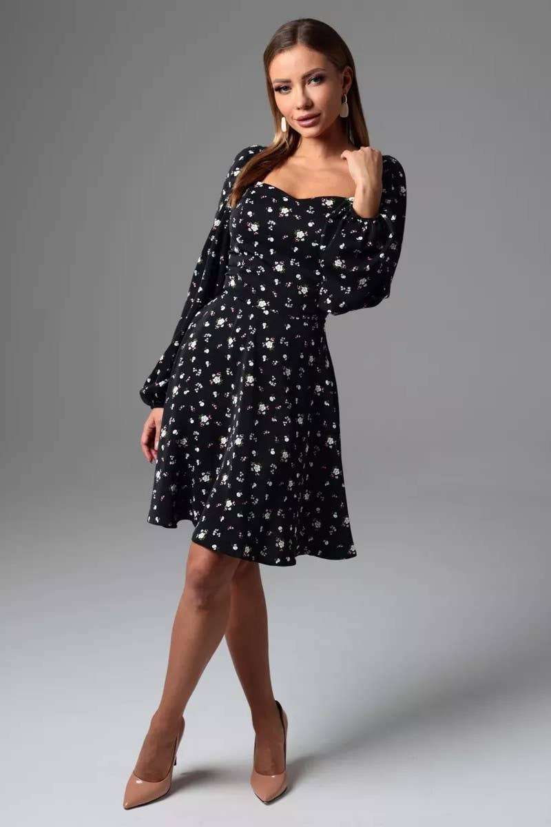 CWDSD8401_FLORAL PUFF SLEEVE TIE WAIST LINED MIDI DRESS