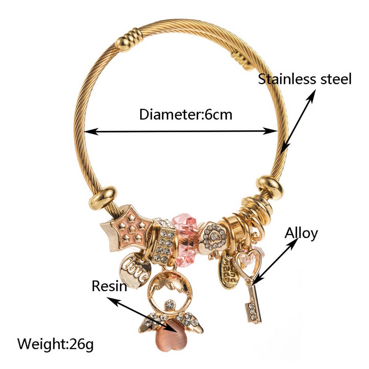 Angel & Key Charm Steel Bracelet for Women_CWMM8474
