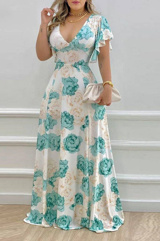 CWDMD5753_V-NECK SEXY LOTUS LEAF SLEEVES PRINTED SWING DRESS
