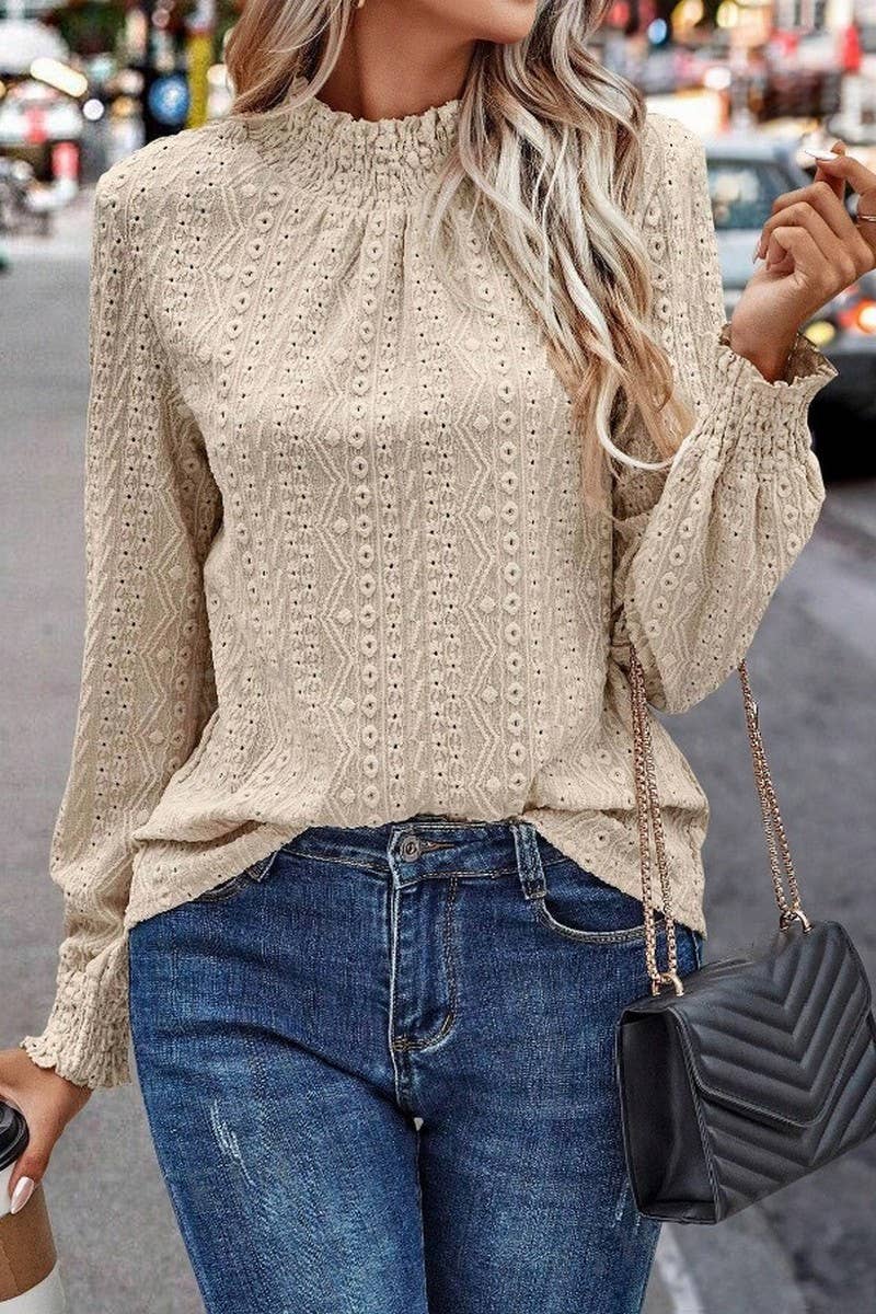 CWTBLL4008_JACQUARD RUCHED CREW NECK LONG SLEEVE TOP