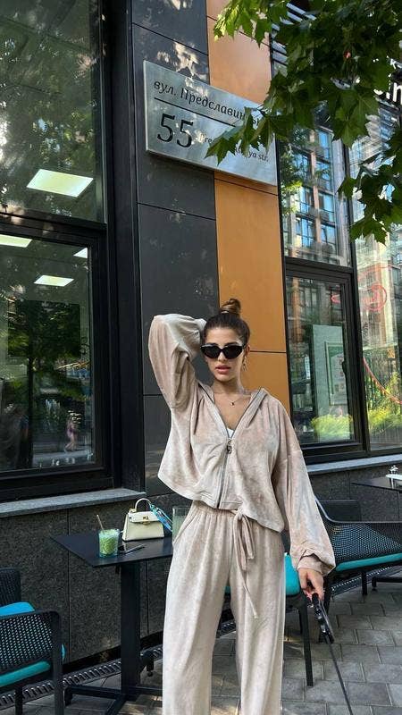 Casual velvet zipper hooded wide-leg pants set