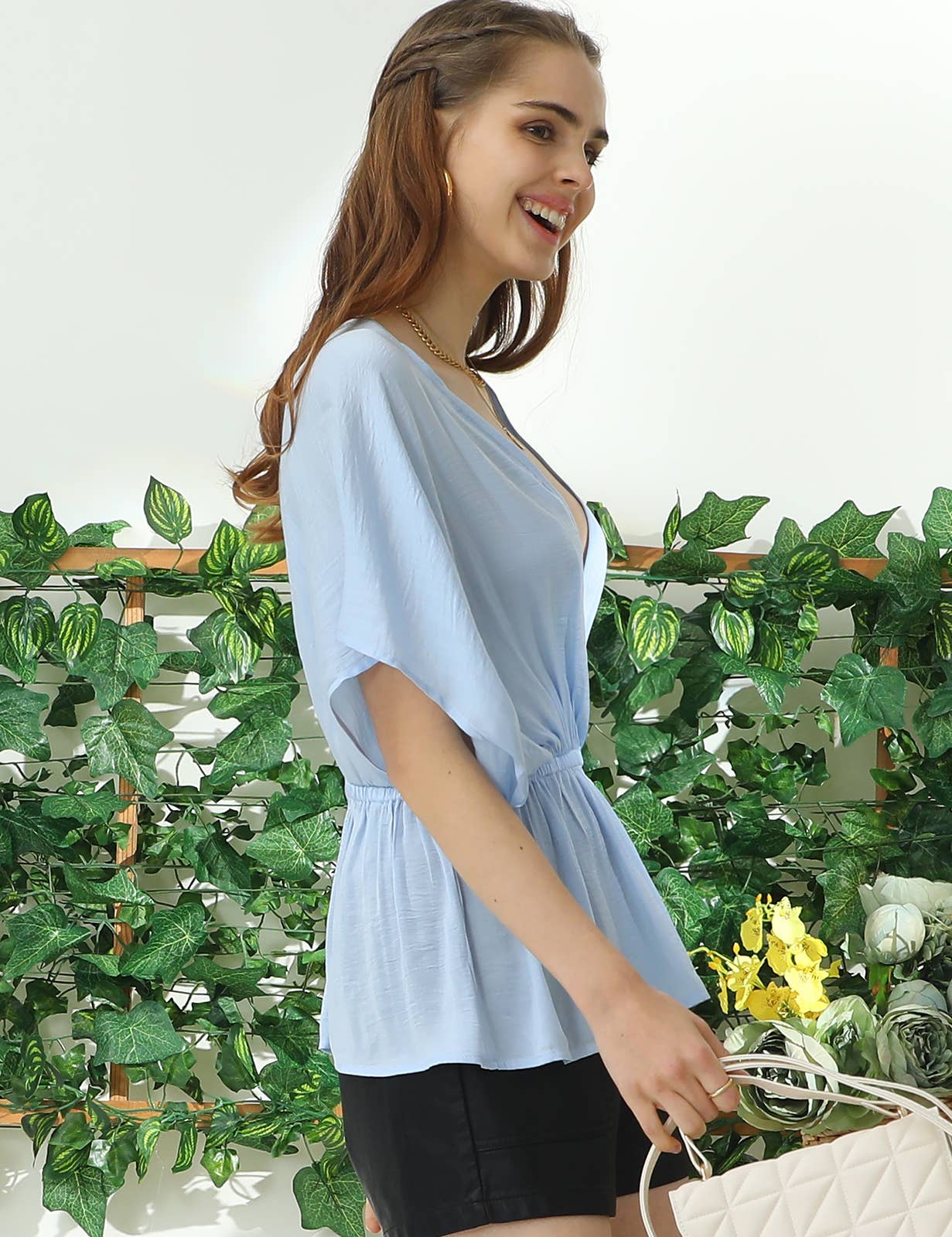 CWTBLS205_V NECK BATWING SLEEVE SLIK BLOUSE TOP