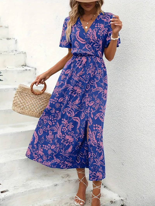 Floral printed V-neck A-line cinched waist dress