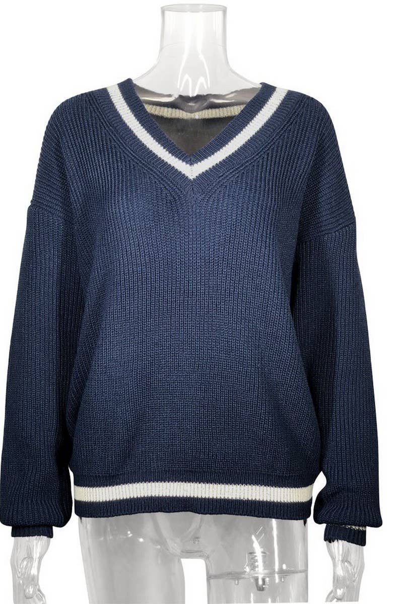 CWOSWL6274_V-NECK LOOSE LONGSLEEVED KNITTED PULLOVER SWEATER