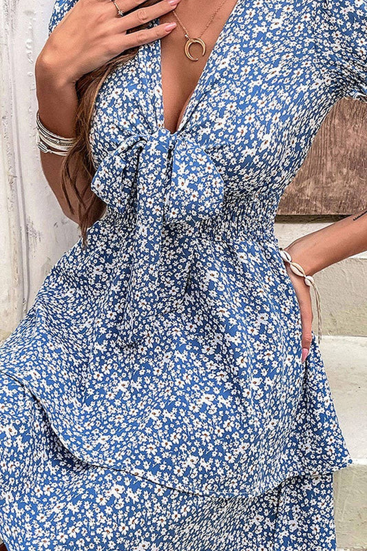 CWDSD8355_TIE WAIST V-NECK SHORT SLEEVE FLORAL DRESS