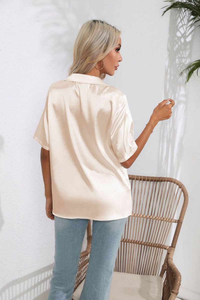 CWTBLS0408_Button Down Silky Satin Short Sleeve Top