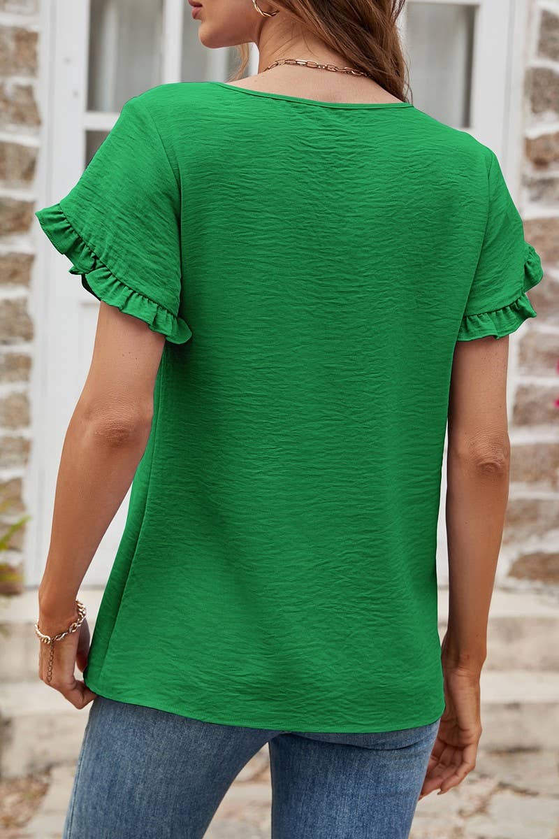 CWTBLS0352_Round neck Short Ruffle Sleeve Blouse