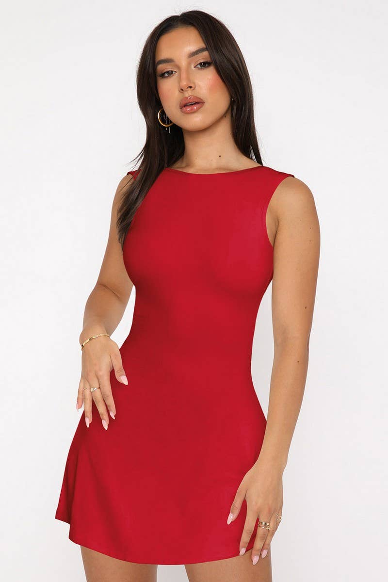 CWDSD8600_SOLID COLOR BACKLESS SEXY SLEEVELESS DRESS