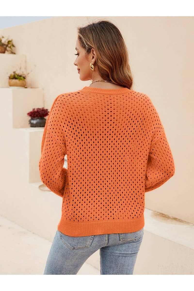 CWOSWL2449_Knit Hollow Out Crew Neck Long Sleeve Sweater