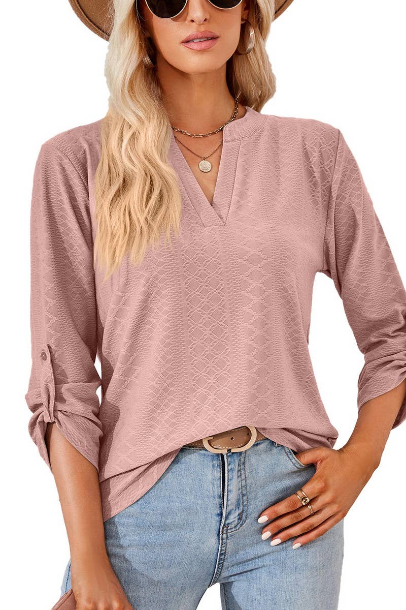 CWTSTL0856_V-neck Pullover Long Sleeve Top