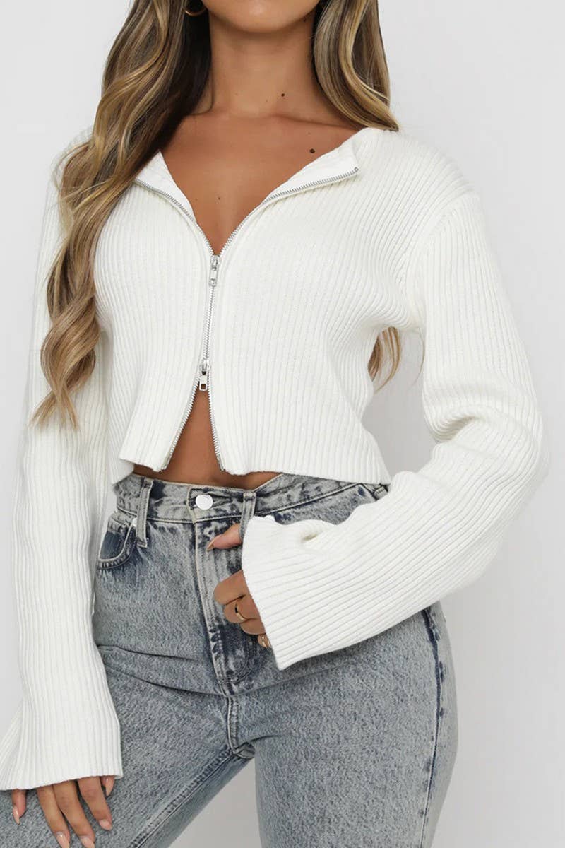 CWOCAL00613_SEXY SOLID LONG SLEEVE ZIP CARDIGAN