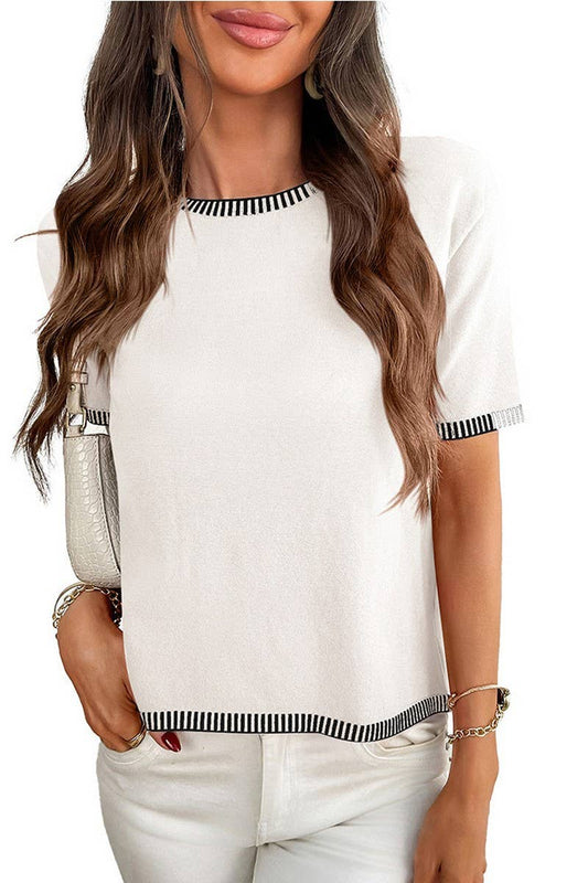 CWOSWS0143_STRIPED SHORT SLEEVE CREW NECK KNIT SWEATER