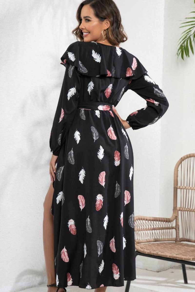 CWDMD3955_V-NECK FEATHER LONG-SLEEVED SLIT DRESS