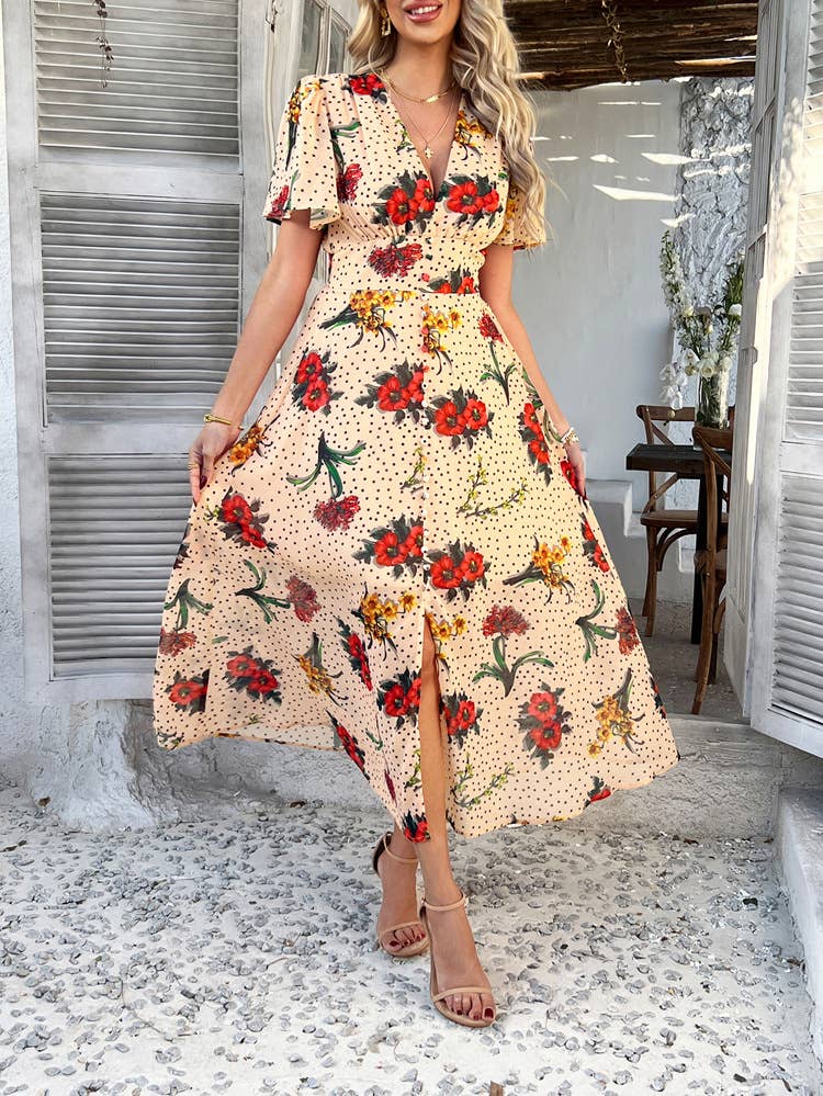 Boho Deep V Neck Chiffon Floral Mini Dress